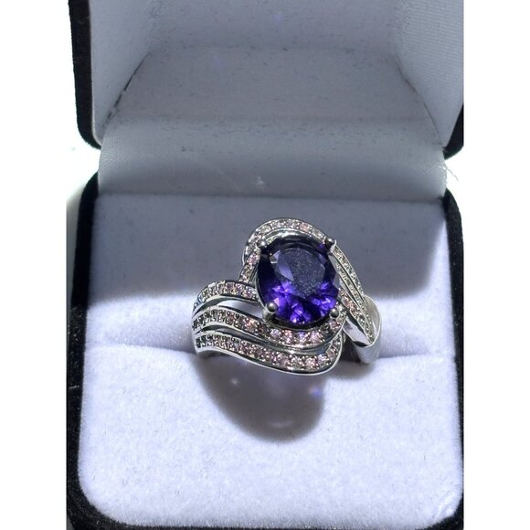 Silver-Tone Faux Amethyst & Crystal Accent Swirl Cocktail Ring Size 8 Elegant St - Picture 4 of 4